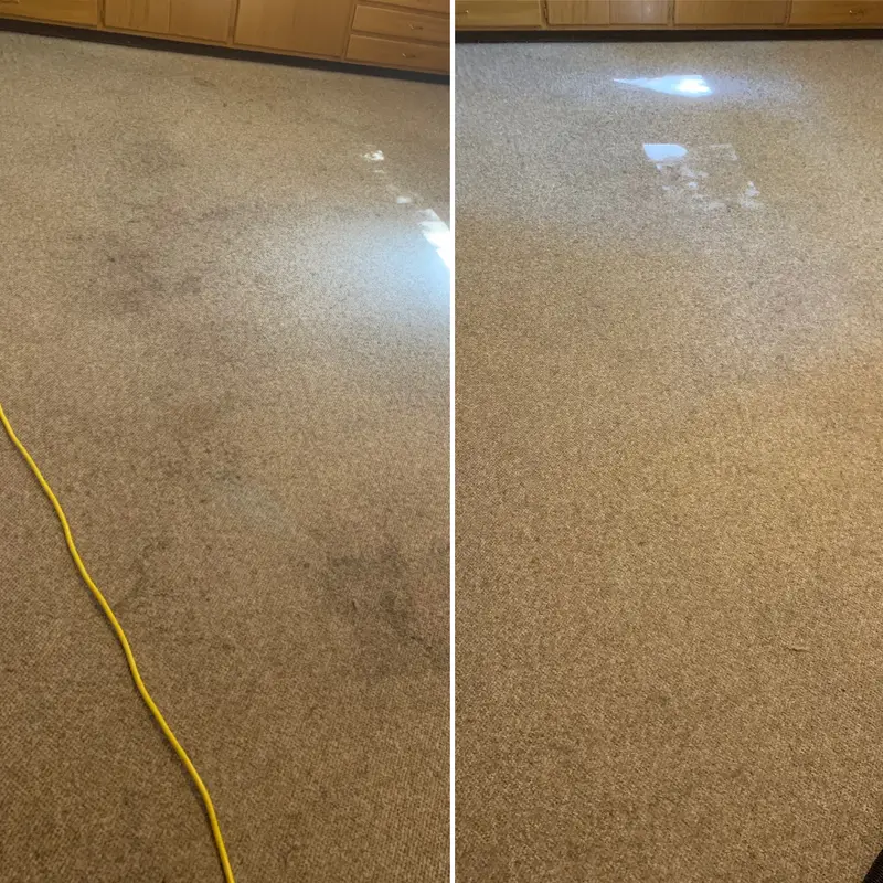 Side by side: commercial carpet darkened with traffic soil, beside the same carpet cleaned to an even tone