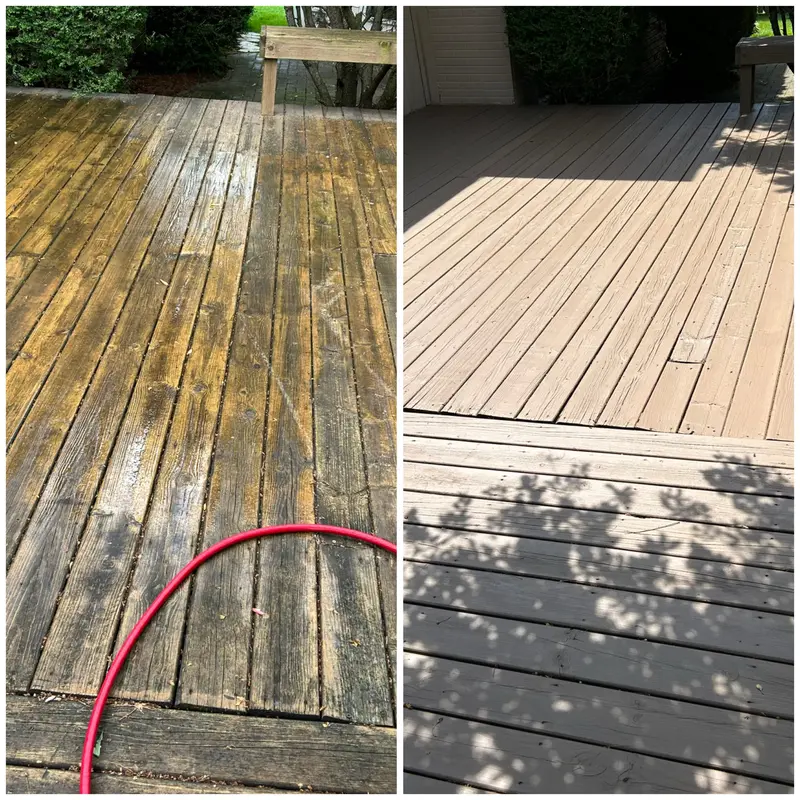 Deck boards before and after washing — algae and gray weathering lifted off the wood