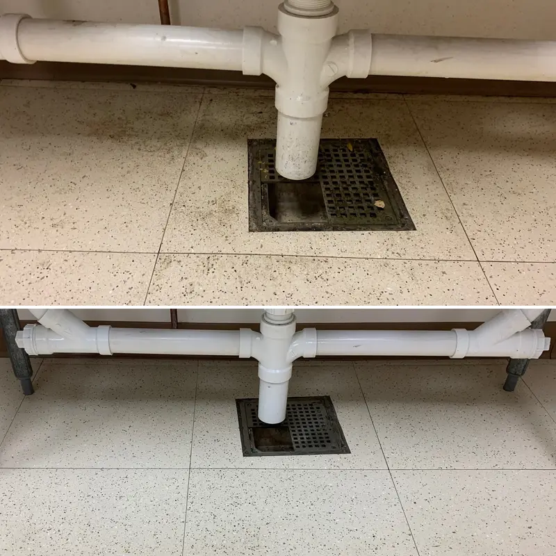 Above, a tiled floor scattered with soil around a floor drain; below, the same floor and drain cleaned