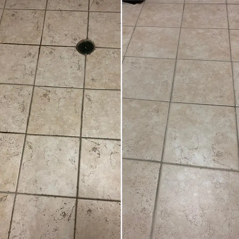 Side by side: tile with dark, soiled grout lines beside the same floor with the grout cleaned back to light gray